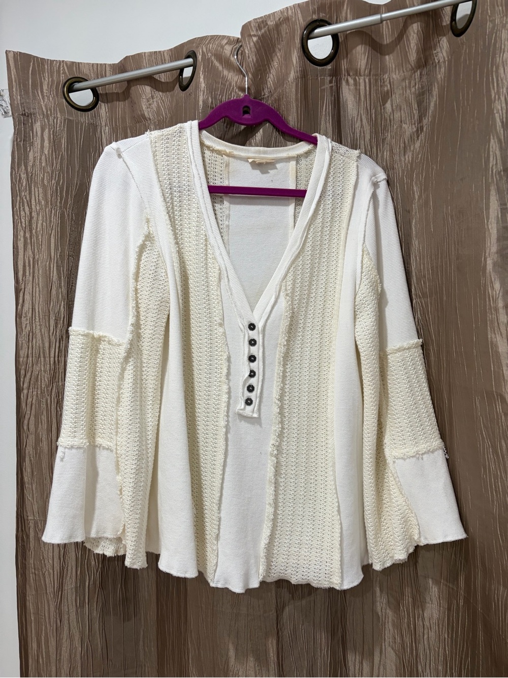 POL Cream Waffle Knit Button-Front Top sz M